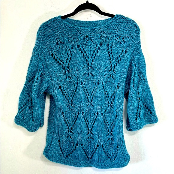 Vintage Hand Crocheted Gorgeous loose knit in teal.One of a kind.Size M - Picture 1 of 8